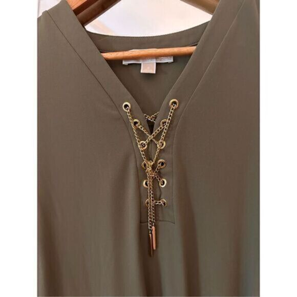 Michael Michael Kors Olive Green Shift Dress Lace Up V-Neck Bell Sleeve Size S - Picture 3 of 6